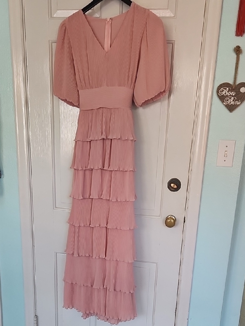 Never Worn Deep Blush Pink Pleated Tiered Maxi Dress with V-Neck